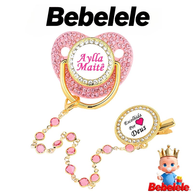 Chupeta de bebê rosa com diamante, inclui clipe de fixação, nome e foto personalizados