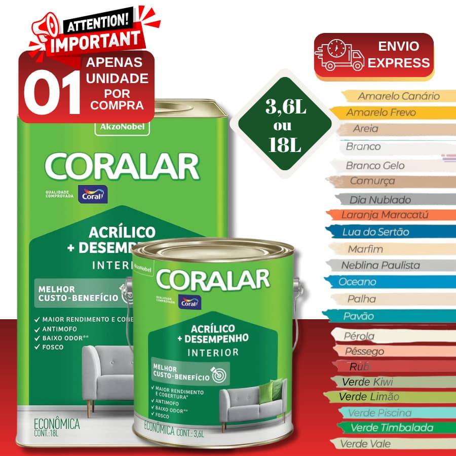 Tinta Acrílica 18L 3,6L Litros Coral Versátil Interno  Coralar Anti Mofo 18 Litros