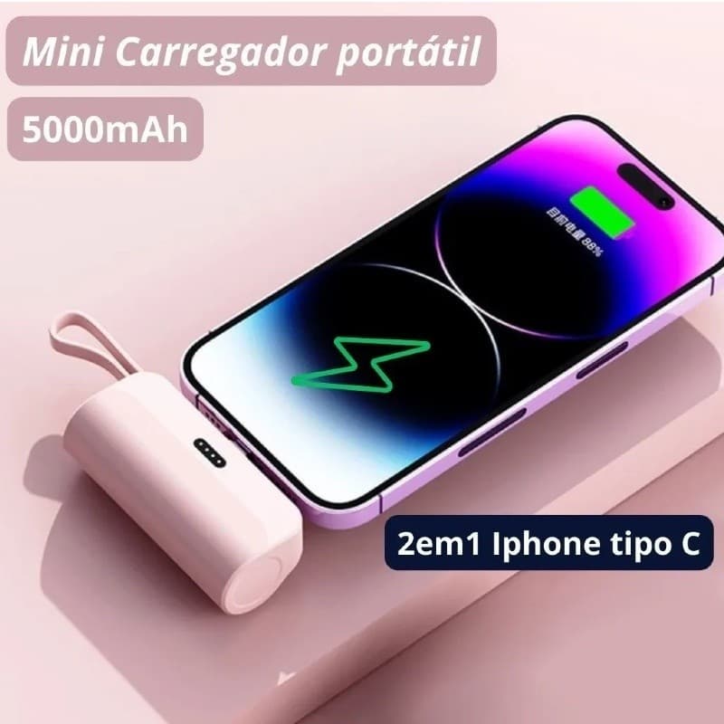 Mini Carregador Portatil Power Bank Sem Fio 2 em 1 Para Celular IPhone e Tipo-C