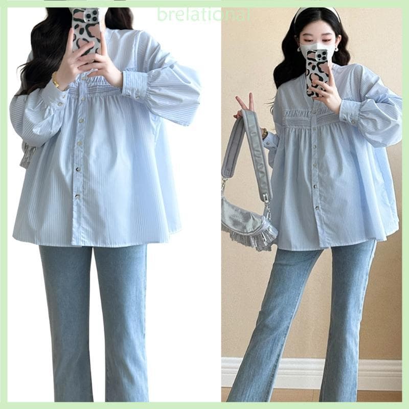 R Casual Listrado Maternidade Decote V Botão Para Baixo Camisa Babydoll Plissada