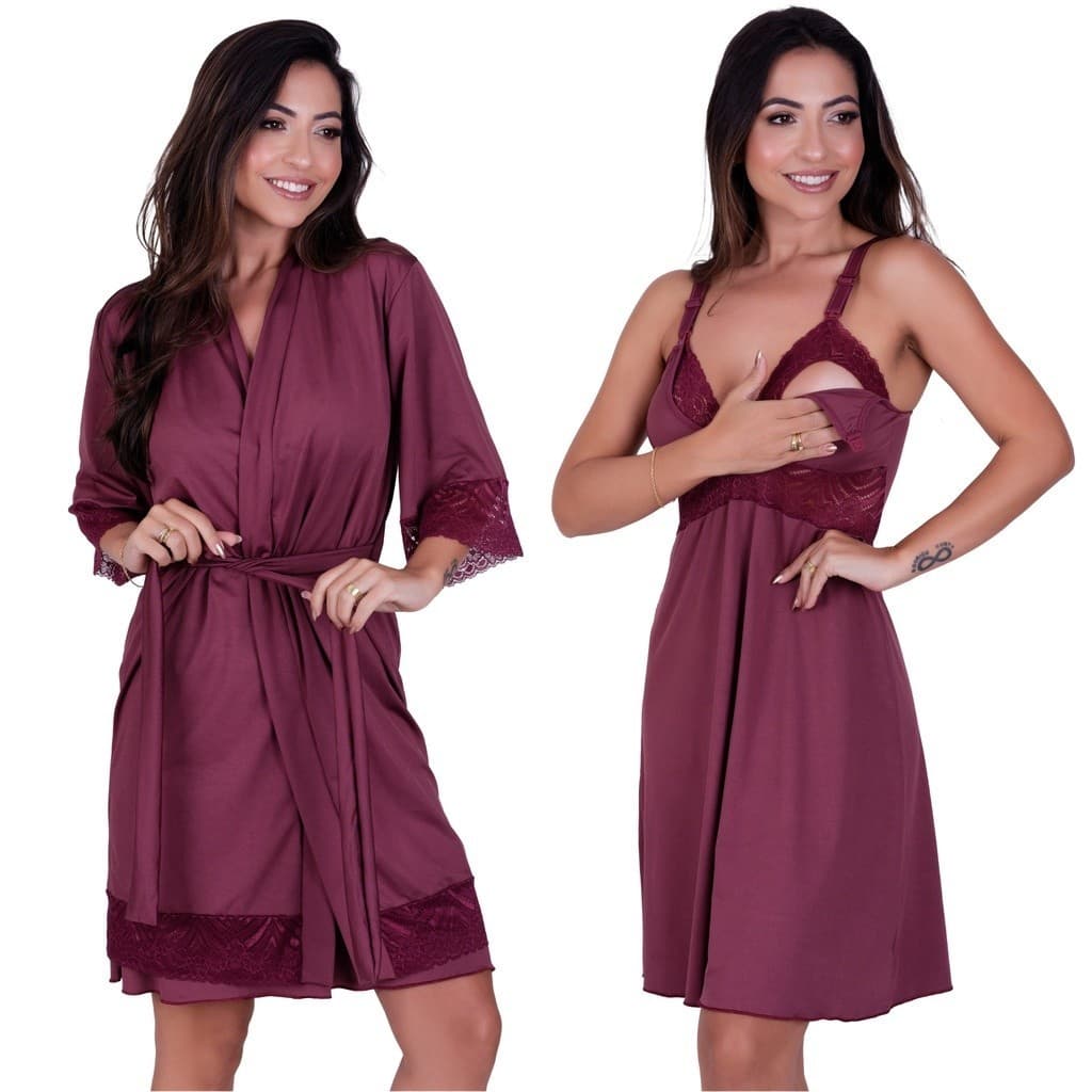 Kit Camisola Amamentação e Robe Conjunto Saída Maternidade Pós Parto Mamãe e Bebê