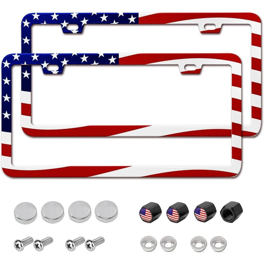 2 Pacotes de Suporte para Placa de Carro em Alumínio com Bandeira Americana Impressa, Ajuste Universal para Homens e Mul