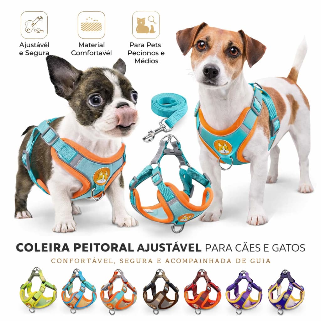 Coleira Peitoral para Cachorro e Gato com Guia – Tipo Colete Ajustável para Pets Pequenos e Médios