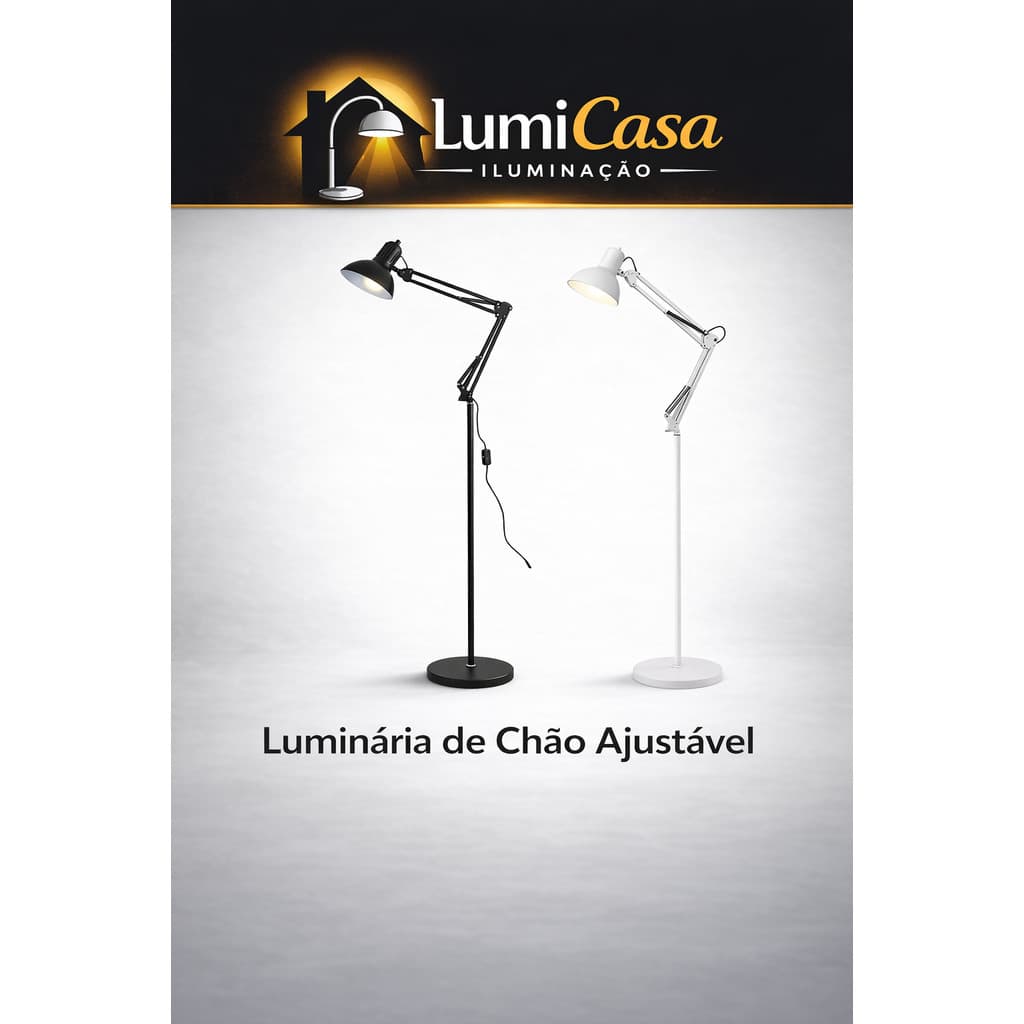 Luminária de Chão Articulada 1,8m em Metal com Cúpula Branca – Coluna Moderna para Leitura, Sala, Escritório e Quarto