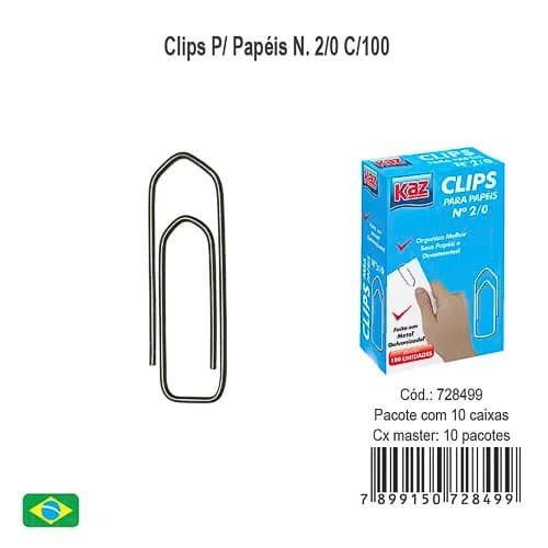 CLIPS PARA PAPÉIS, N. 2/0 COM 100 UNIDADES, KAZ