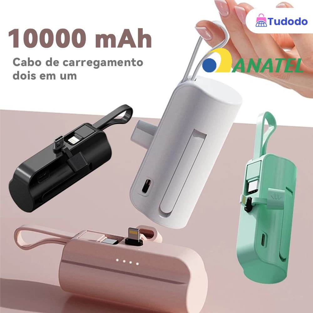 Bateria Externa 10000mAh Compacta com Carregador Sem Fio | Dupla Entrada (iPhone/Tipo-C)