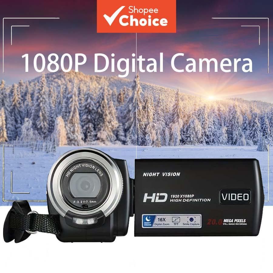  Câmera de Vídeo Digital Full HD 1080P 30fps com Zoom Digital 16X, Tela LCD 3 Polegadas Giratória e Suporte para Cartão