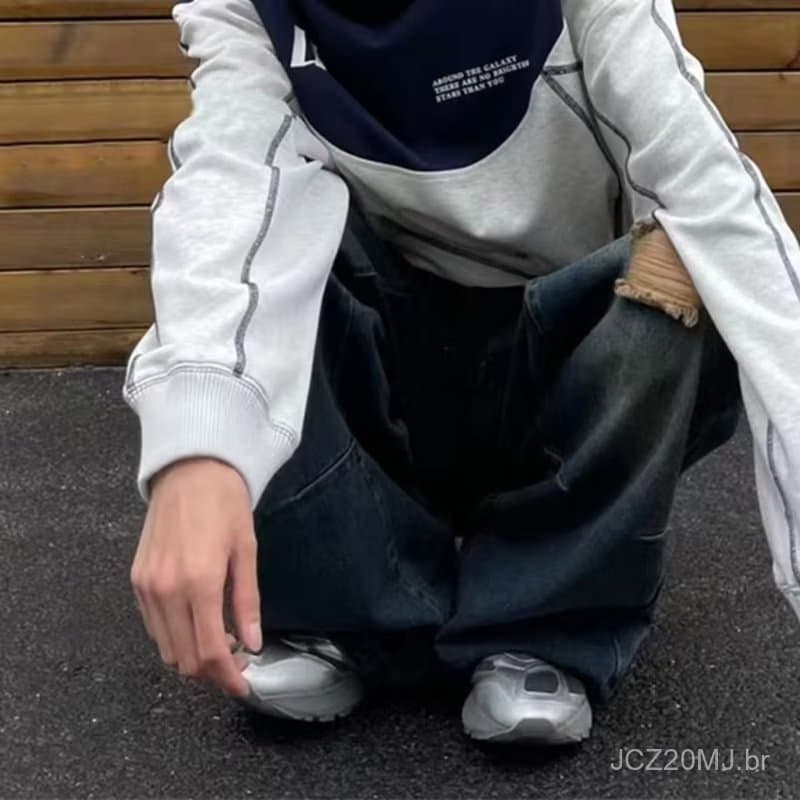 Moletom lavado desgastado com gola redonda, masculino, feminino, americano, roupa de rua, primavera, outono, sensação de