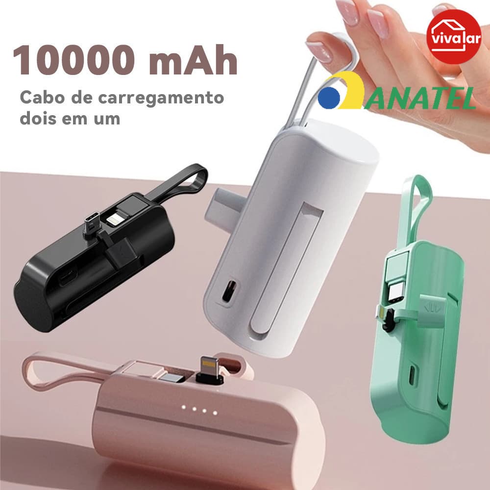 Bateria Externa 10000mAh Compacta com Carregador Sem Fio | Dupla Entrada (iPhone/Tipo-C)