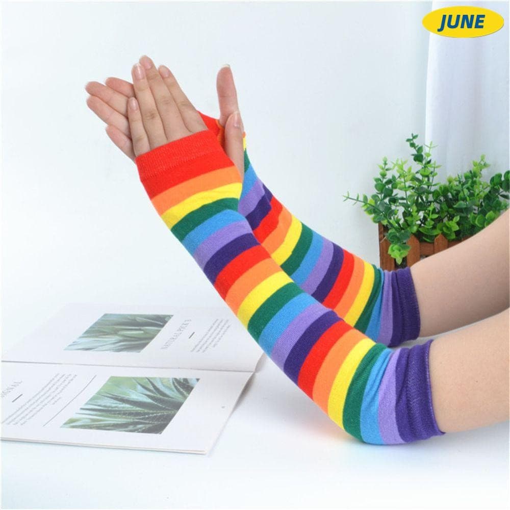 Junho Manga De Braço Sem Dedos Feminina Listrada Arco-Íris Colorida Luvas De Fantasia De Halloween