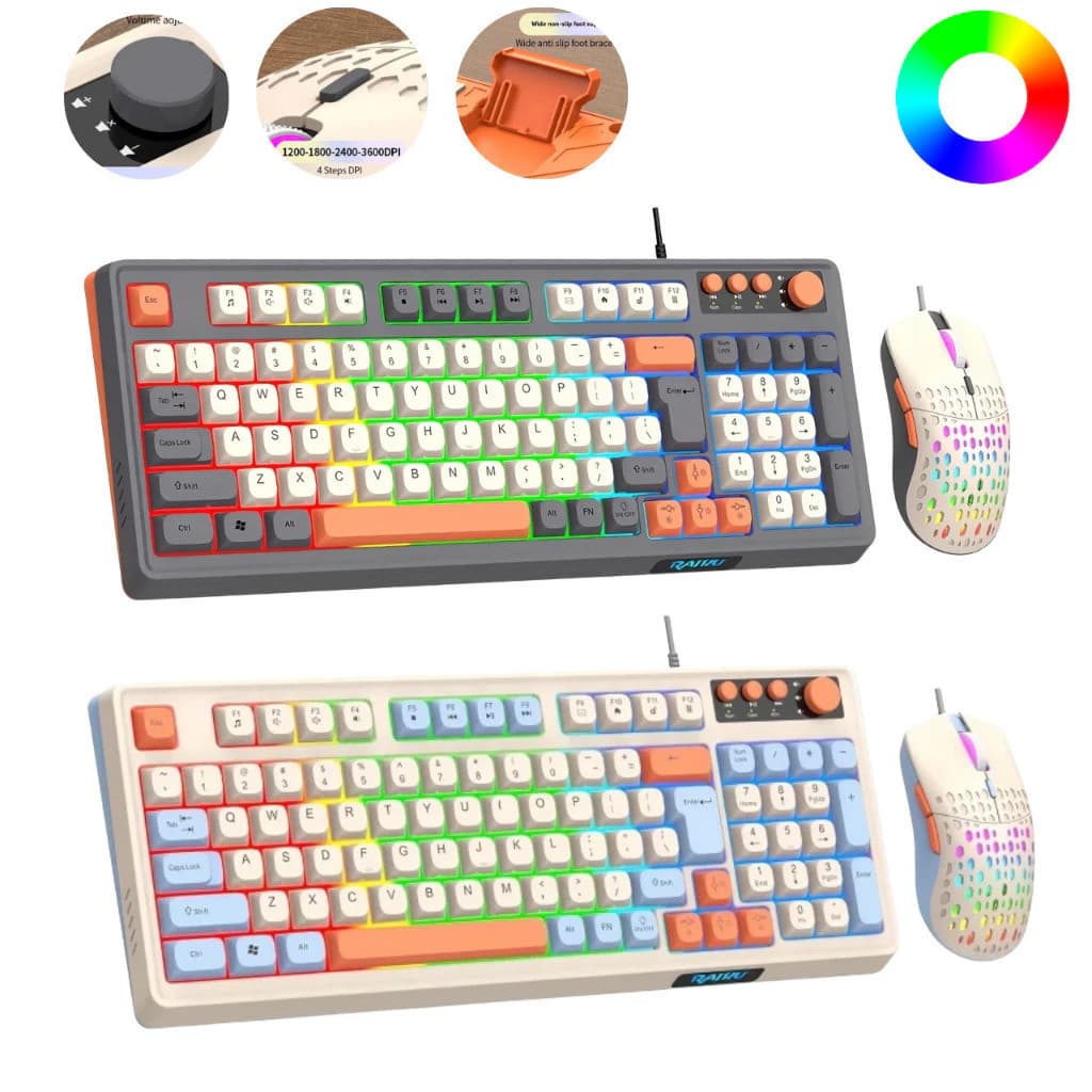 Kit De Teclado E Mouse Para Jogos Com Fio Combinações De Três Cores Iluminadas 98 Teclas