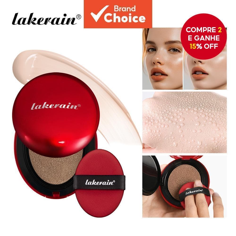 Base Hidratante Lakerain Vermelha com Cushion, à prova d'água, acabamento natural e leve, para pele radiante.