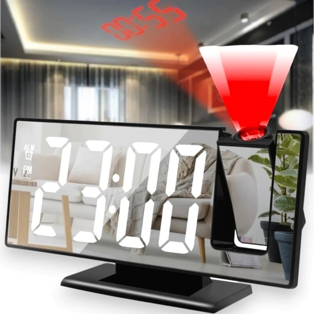 Relógio De Mesa Com Projetor 19,5x9x5Cm Espelhado Preto Com Temperatura Alarme Despertador USB