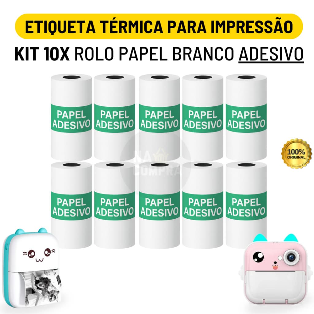 Kit 10 Bobina Etiqueta Térmica Adesiva 57x30mm Branco Rolo Mini Impressora Portátil a Prova De Água
