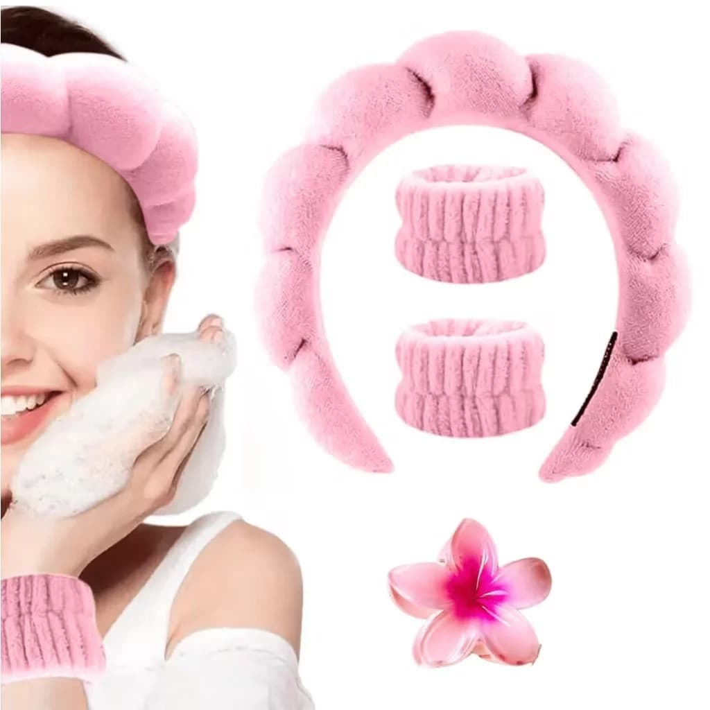 Acessórios de Skincare Feminino - Tiara Nuvem, Faixa de Pulso, Presilha de Flor