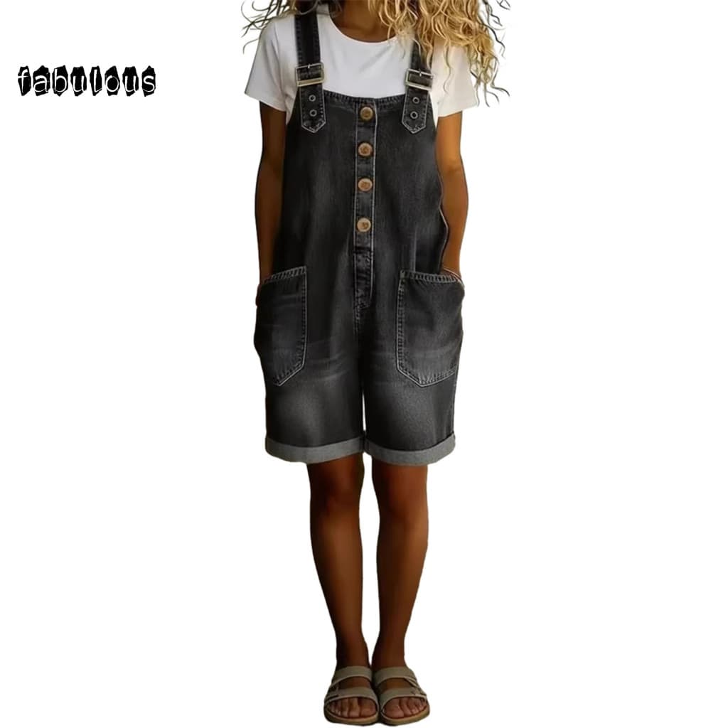 Vintage Cargo Pants Relaxed Fit Overalls Women’s Denim Bib Overall Shorts – Button Front Wide Leg Loose Adjustable S