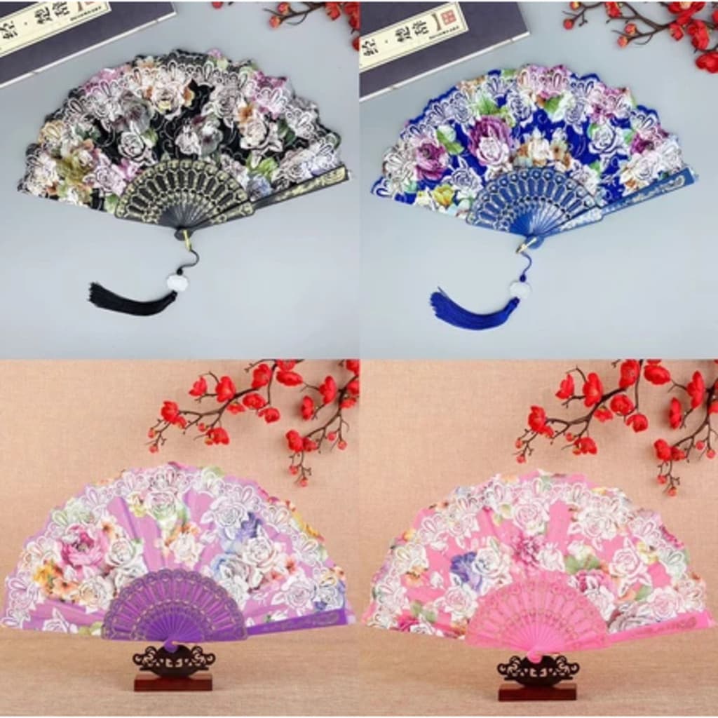 KIT 12PCS Leque de tecido Colorido estampado plastico Com Glitter/SEM Glitter