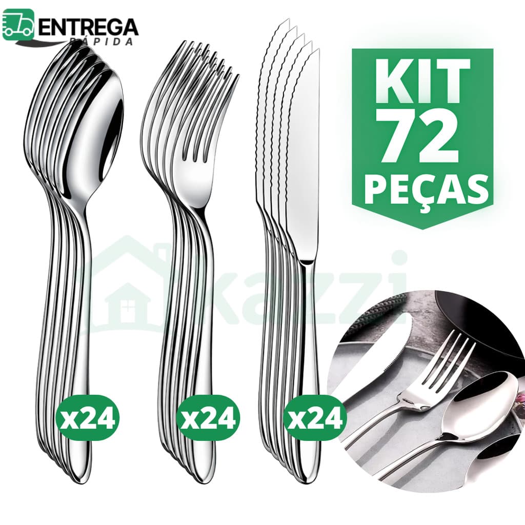 Jogo de Talhares 72 Peças Inox 24 Facas c/ Serra 24 Garfos 24 Colheres de Sopa Mesa Jogo de Talheres
