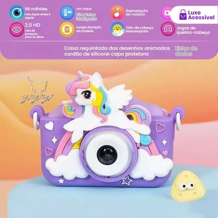 Mini Câmera Infantil Temática Unicórnio com Estojo de Silicone - Diversão com Fotos e Jogos