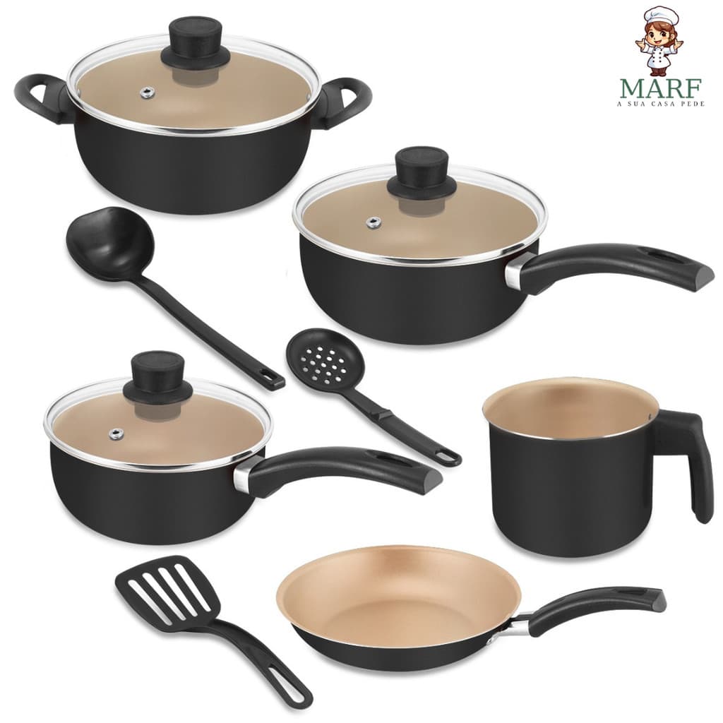 Jogo de Panelas 8 Peças Antiaderente Premium Teflon 5 Camadas com Tampa de Vidro – MARF