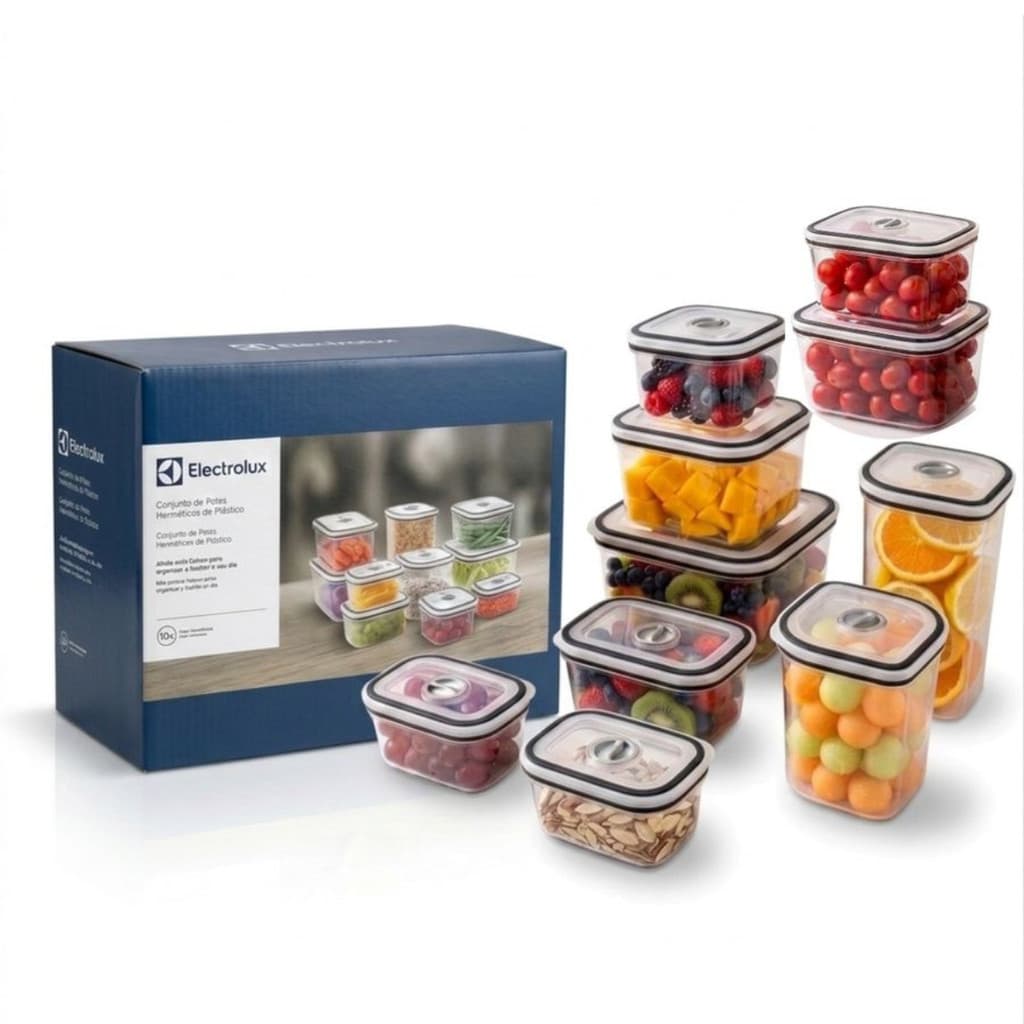 Conjunto com 10 potes herméticos Electrolux, tampas Easy-Open, ideal para organizar e conservar alimentos