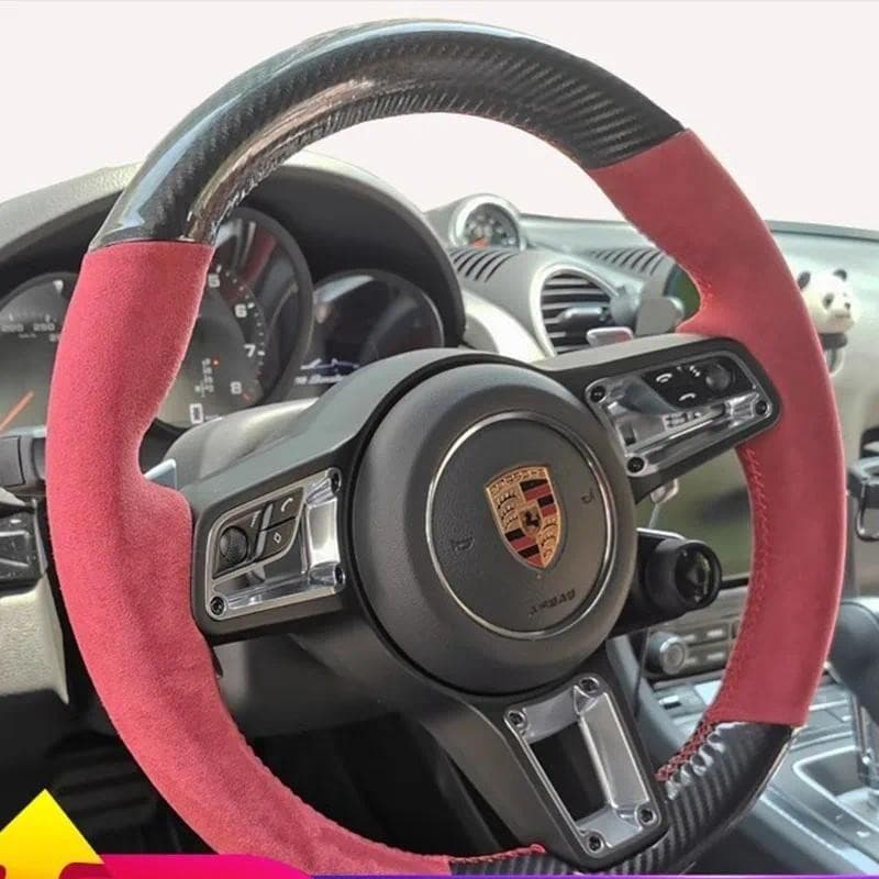 Para Porsche Taycan Cayenne Macan Panamera 718 911 Costurado À Mão Preto Fibra De Carbono Camurça Vermelha Antiderrapant