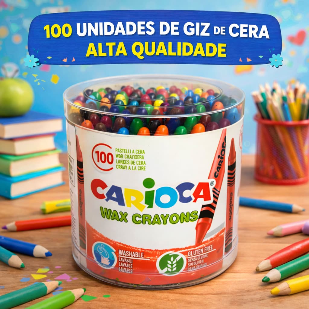 Giz Lápis de Cera Escolar Carioca Pote com 100 Gizes Wax Crayons Atóxico para Desenho Arte Infantil