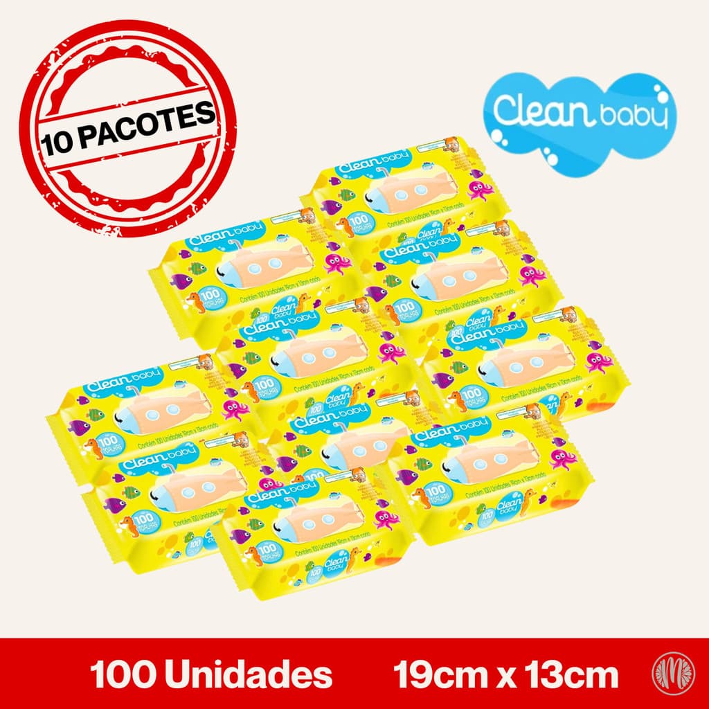 Kit 10 Pacotes Lenços Toalhas Umedecidas Higiene Bebe Clean Baby Pacote 100 Unidades