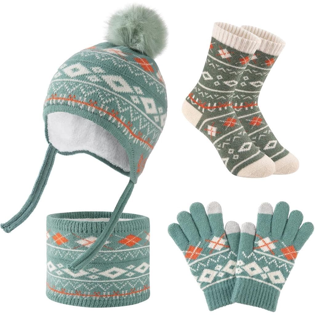 Conjunto de Inverno Comfoex para Crianças com 4 Peças: Gorro, Luvas, Cachecol e Meias, Aquecedor de Pescoço, Forrado de 