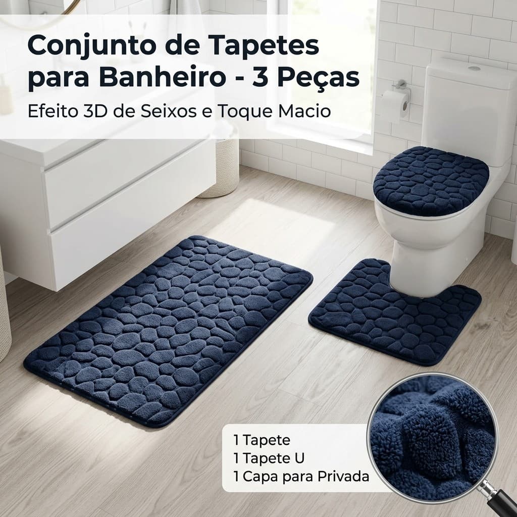 Jogo de Banheiro de Pedras Conjunto Tapetes 3 Peças