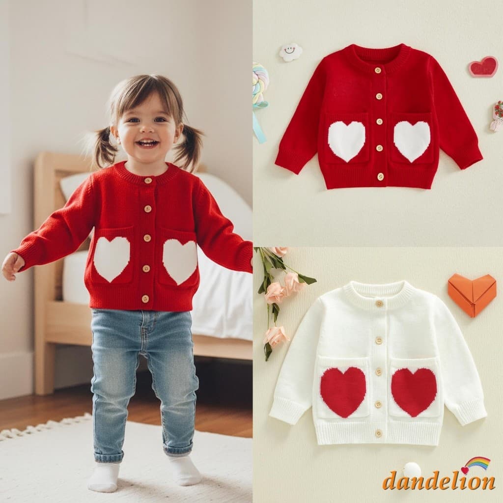 Cardigã De Malha De Outono Para Bebês Meninas Adorável Padrão De Coração Manga Comprida Gola Redonda Suéter Com Botões