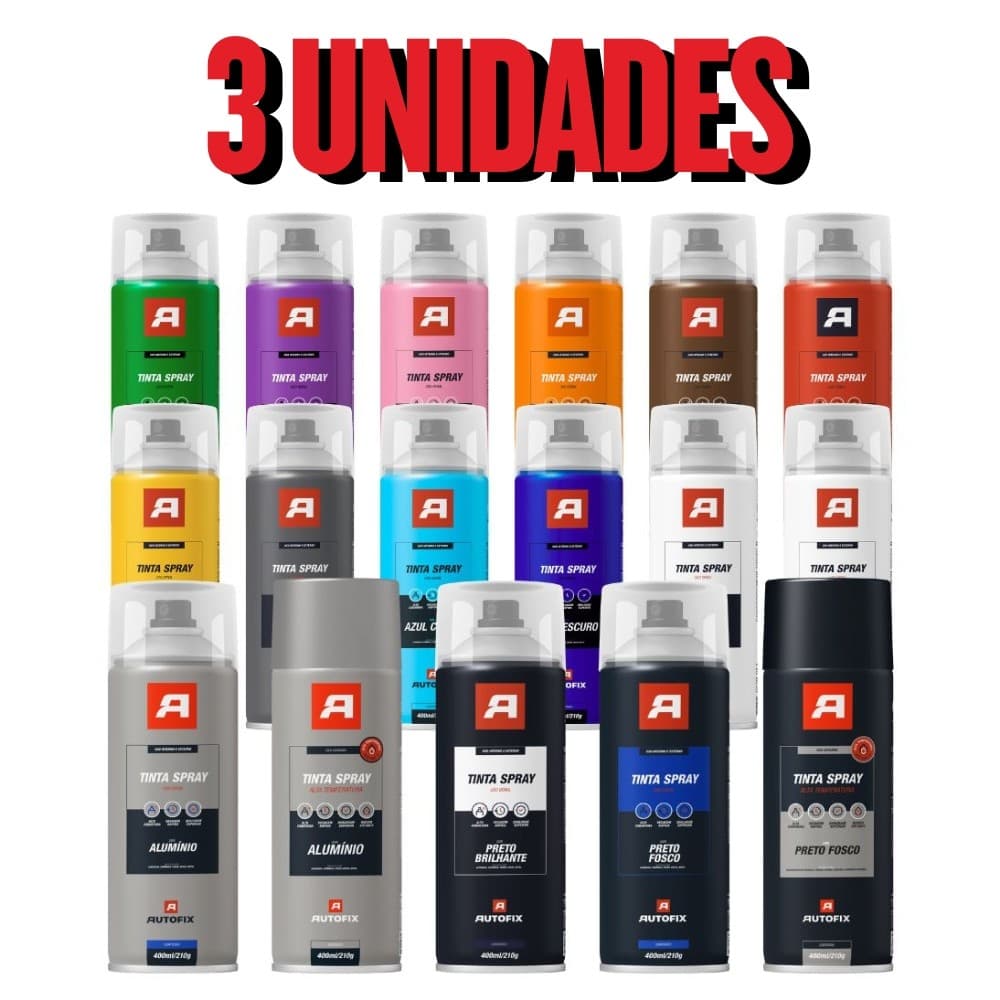 Kit 3 Tinta Spray de pintura Uso Geral 400ml - Autofix 400ml / 210g - Preto Brilhante