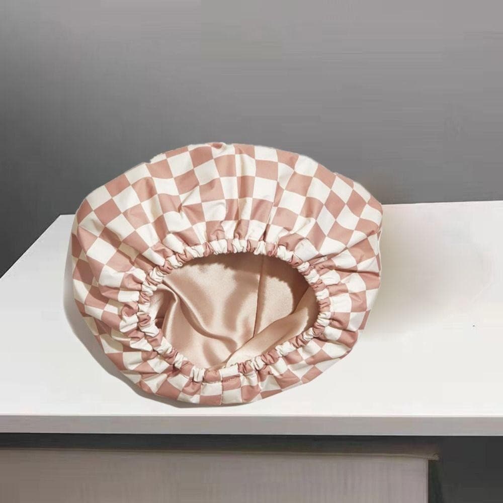 Touca De Banho Xadrez Impermeável – Cuidados Com Os Cabelos De Camada Dupla Para Mulheres , Itens Essenciais Banheiro