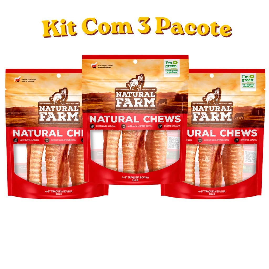 Kit 3 Pacotes C/ 3 Traqueia 6° Polegada Bovina Natural Farm  Para Cães