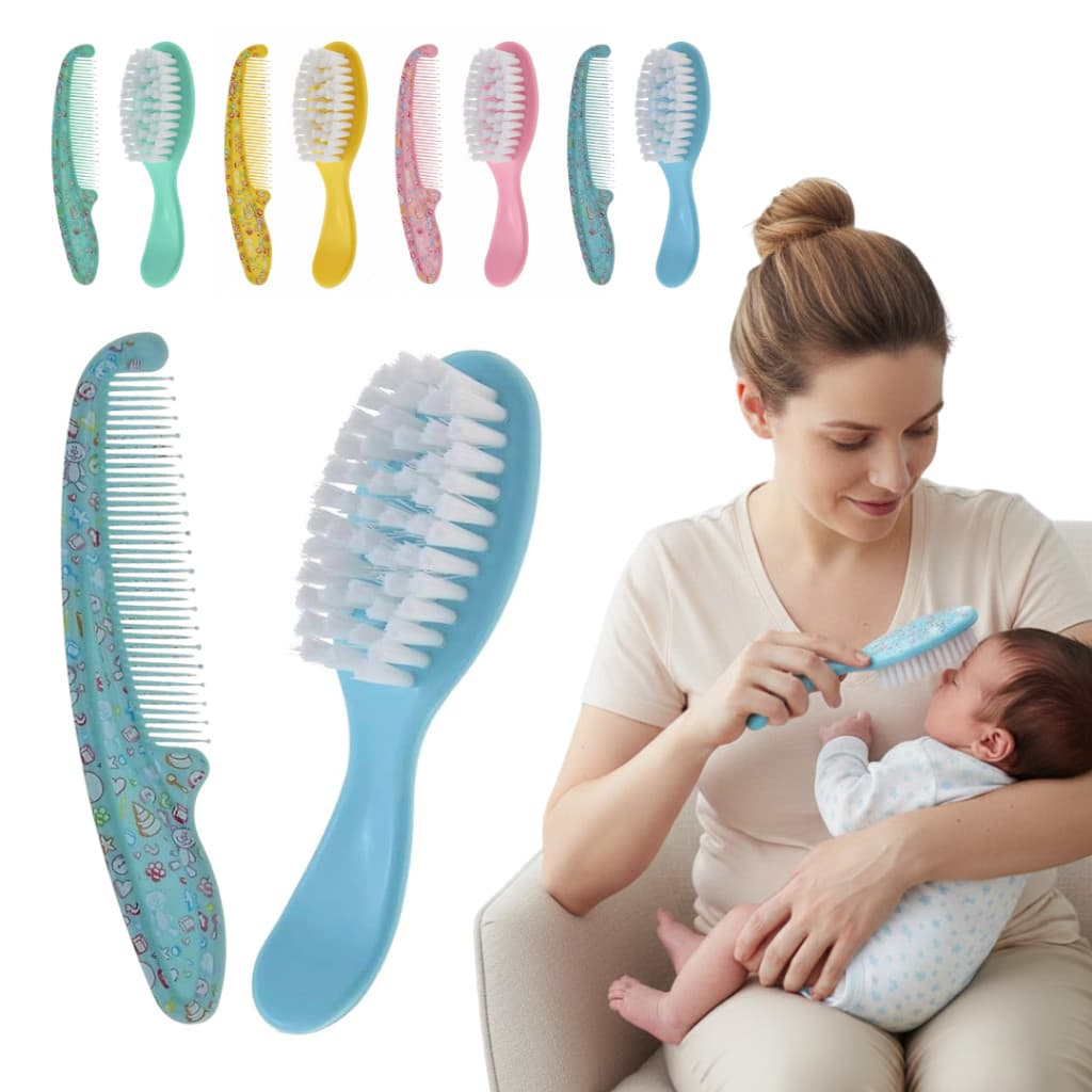 Kit Higiene Bebê Escova + Pente com Bolinhas Ideal para Recém-Nascido Rosa/Amarelo/Verde Água/Azul