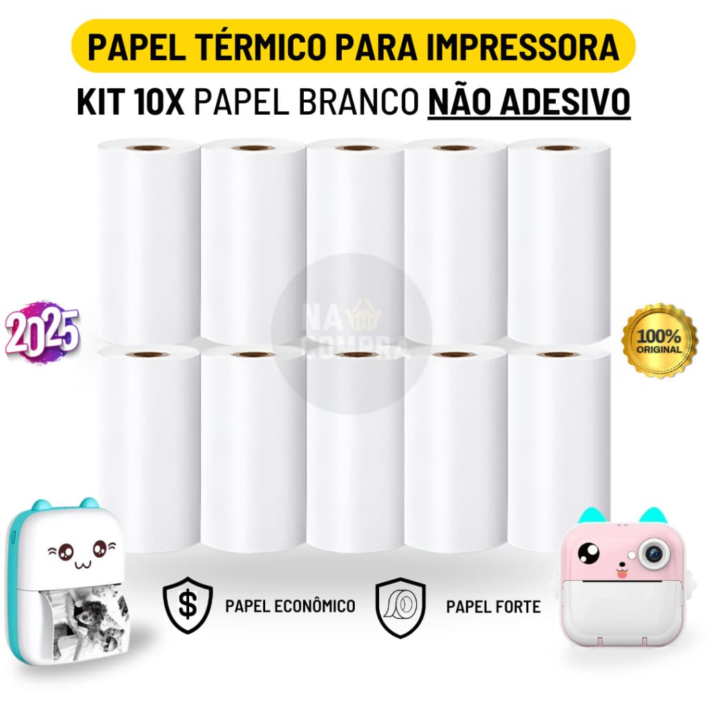 Kit 10 Bobina Térmica 57x30mm Não Adesivo Branco Rolo com 80 Metros Para Mini Impressora Portátil