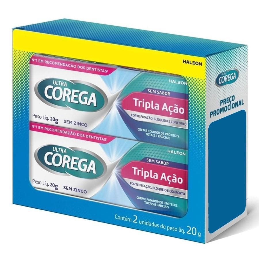 Kit Creme Fixador De Próteses Ultra Corega Tripla Ação Sem Sabor Com 2 Unidades De 20g Cada