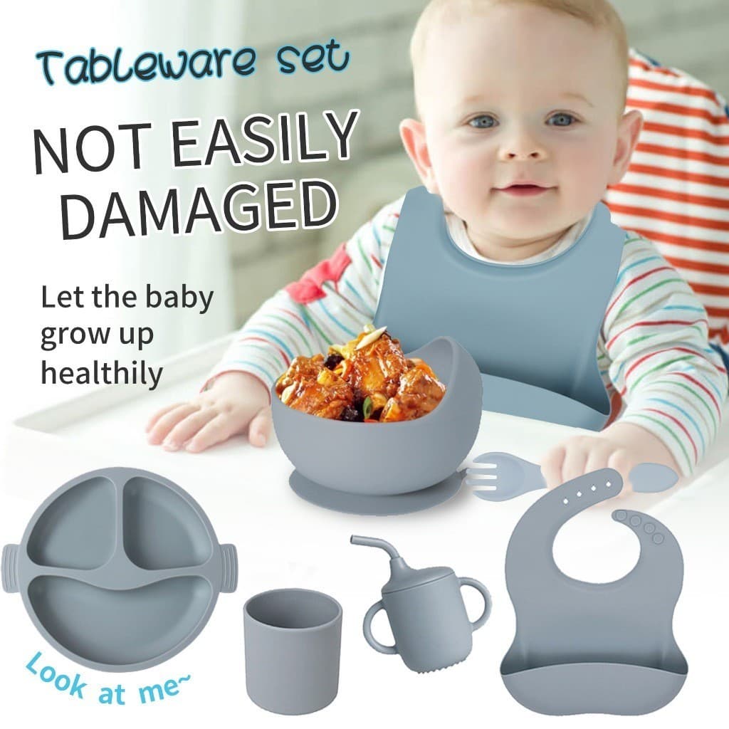 kit 8 Peças Talheres alimentação bebê silicone - Kit Talheres Infantil Com Ventosa Canudo Colher Babador Garfo