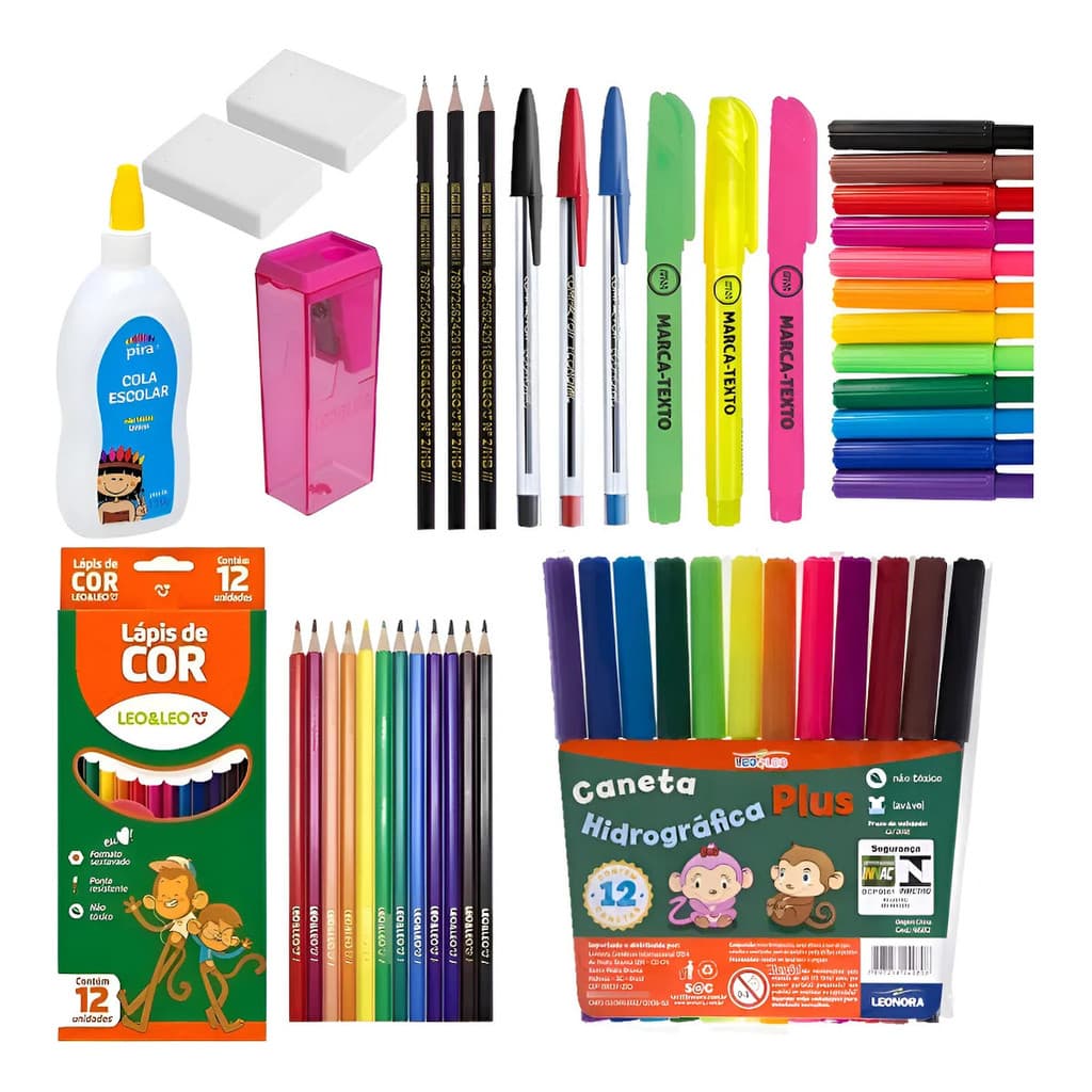 Kit Material Escolar Completo Infantil com Lápis de Cor Canetinhas Apontador Cola Marca Texto e Mais