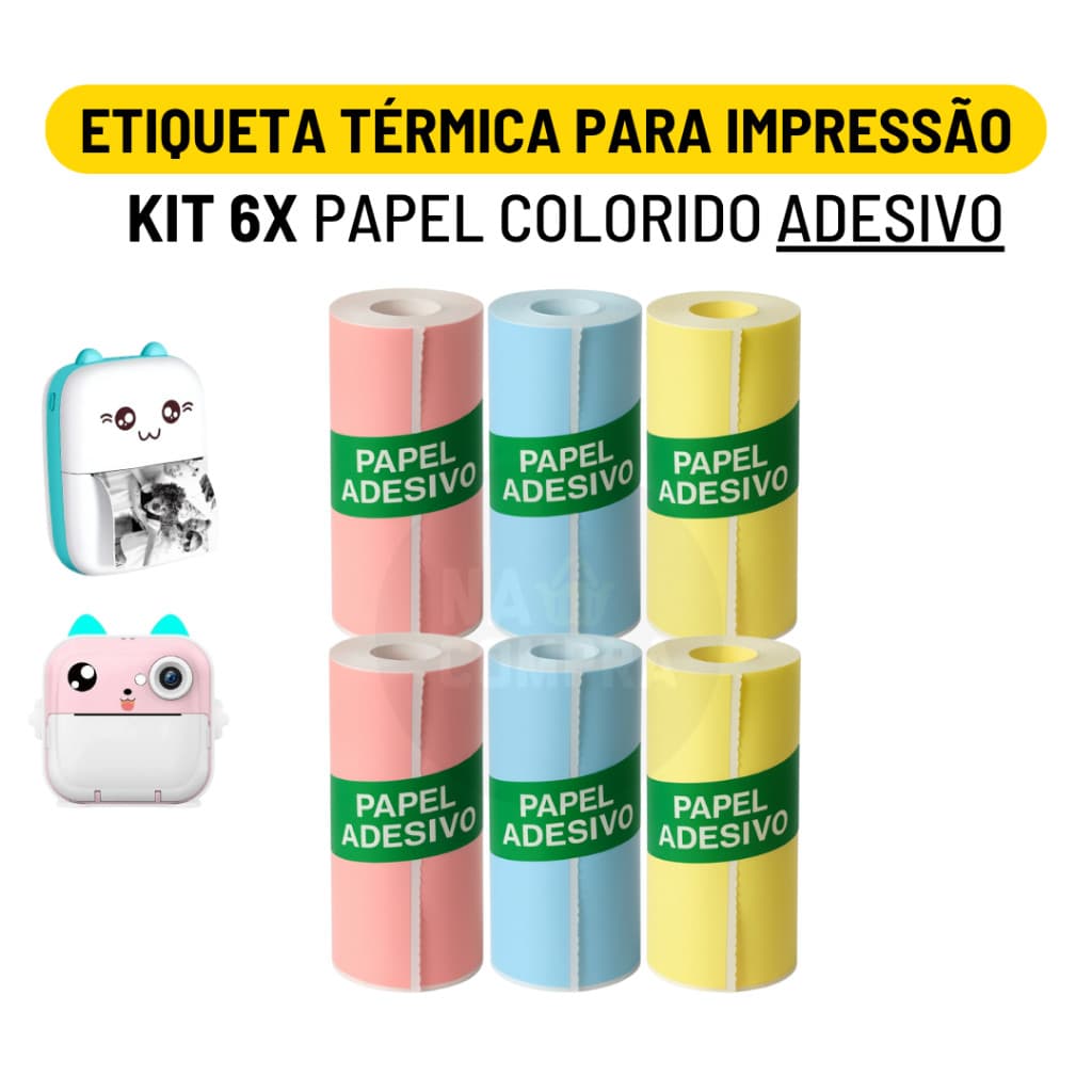Kit 6 Bobina Etiqueta Térmica Adesiva 57mm Rolo Colorido Para Mini Impressora Portátil