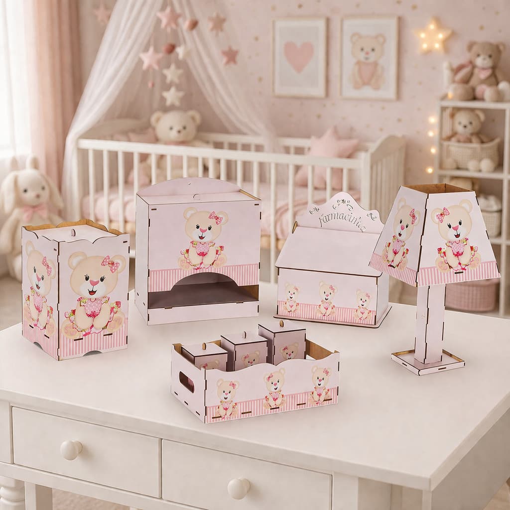 Kit Higiene Bebê 8 Pç Mdf Mult uso adesivado novidade Pronta Entrega promoção