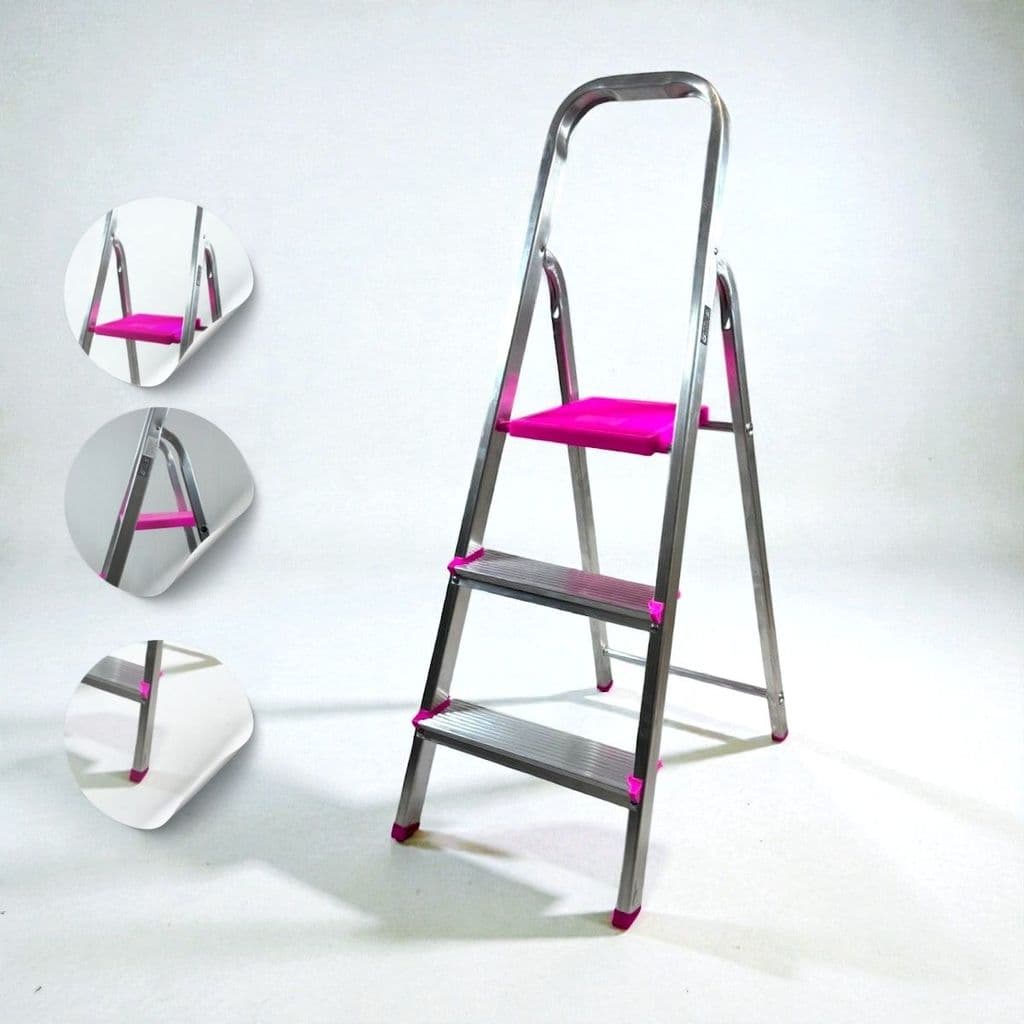  ESCADA ALUMINIO DOMESTICA 3 DEGRAUS ROSA compacta antiderrapante fashion Voima