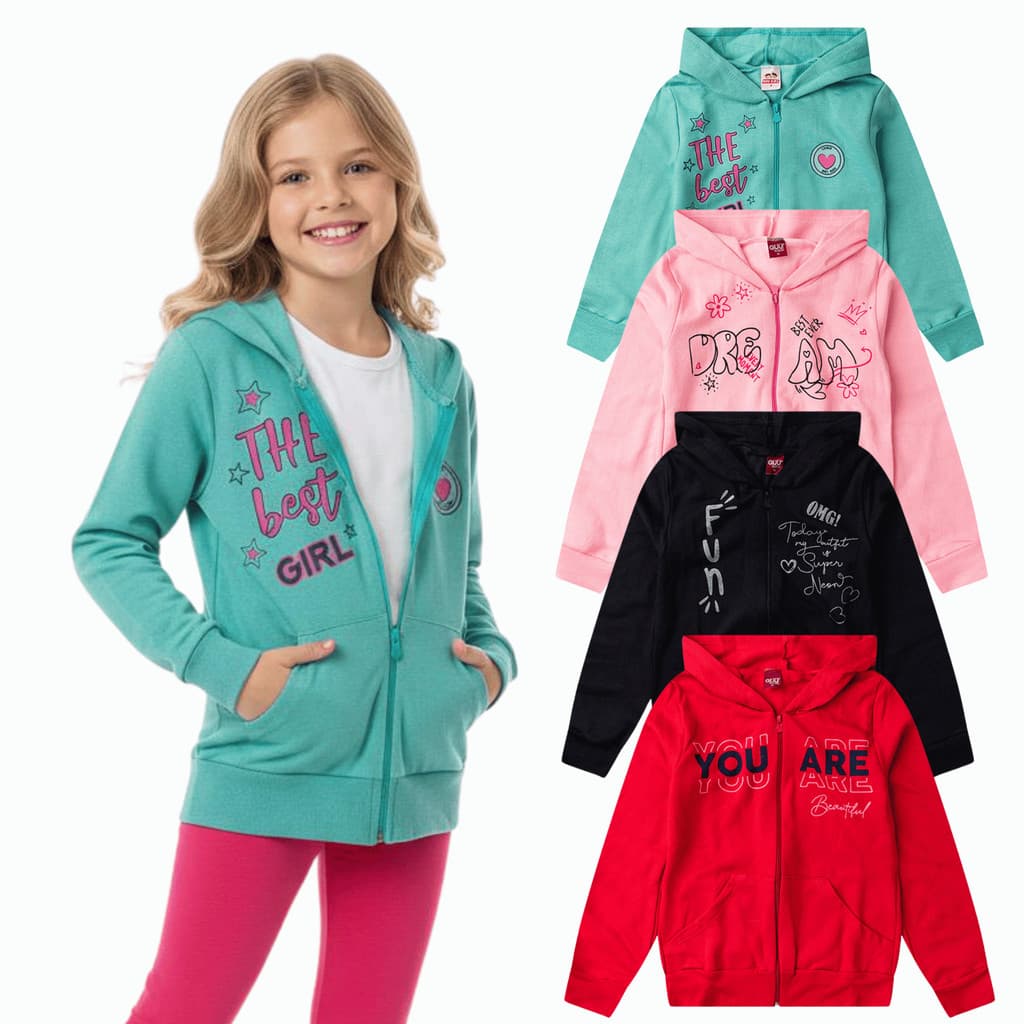 Kit 1 | 2 | 3 Jaquetas Premium Infantil e Juvenil Feminina com Capuz, Zíper e Bolsos  Moletom Quentinho | Casaco Menina