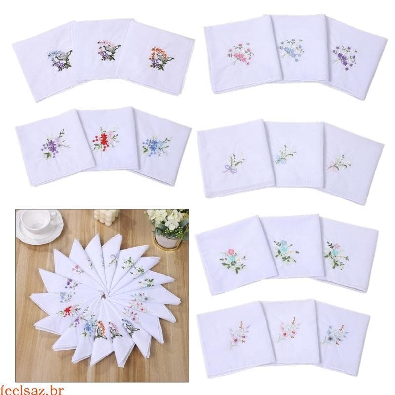 feelsaz Pacote De 3 Lenço De Flor Bordado 28x28cm Para Mulher Cavalheiro Prático Tipo Aleatório Handkerc