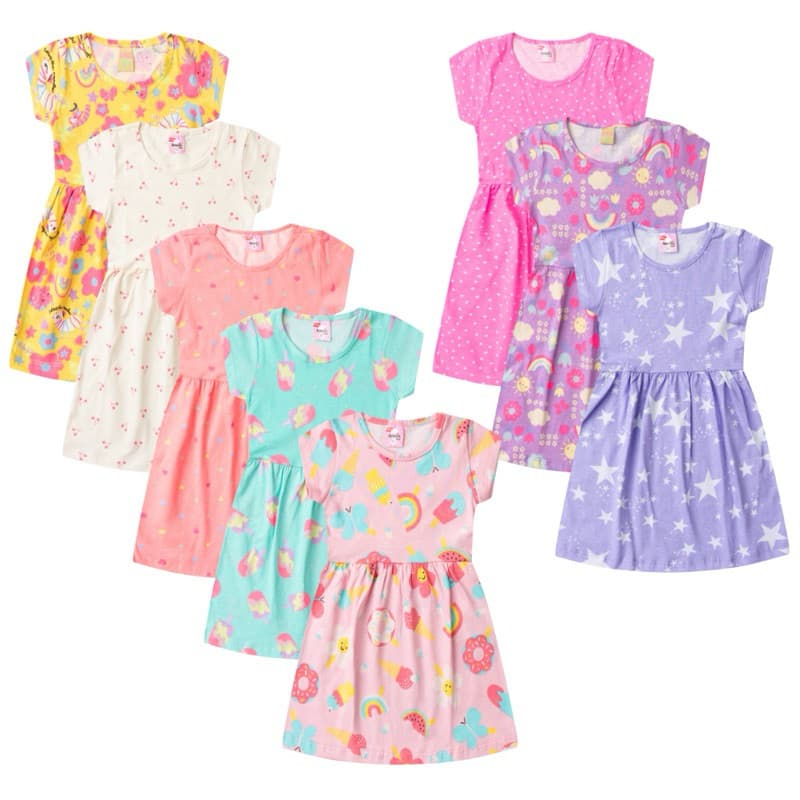 Kit 5 Vestidos Infantil Menina 1 ao 8 - Algodão Conforto - Modelos Sortidos e Modernos