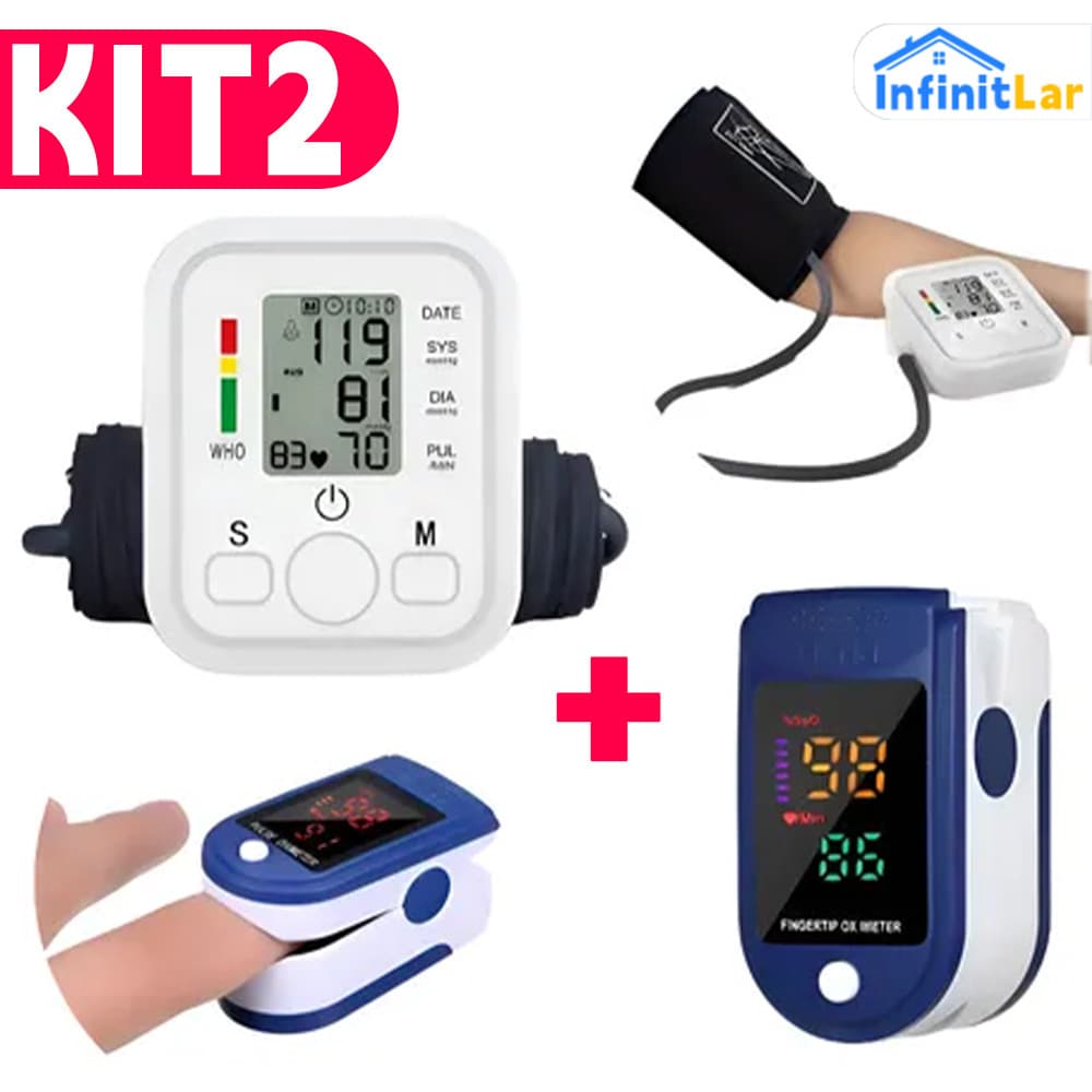 Kit Medição de Saúde: Oxímetro de Dedo Digital + Monitor de Pressão Arterial Automático de Braço