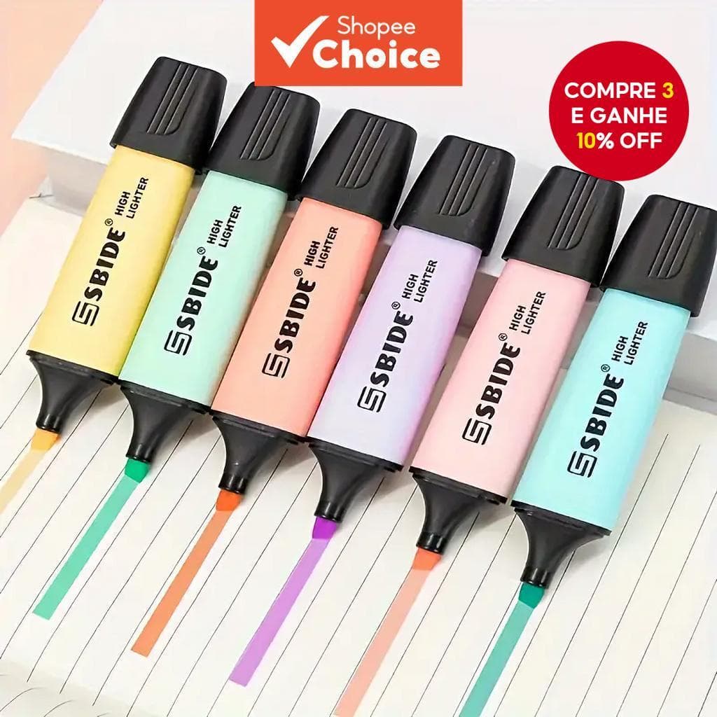 Canetas Marcadoras Fluorescentes 6 Cores – Papelaria Fofa Para Estudo Escolar Infantil E Conjunto De Higlighter