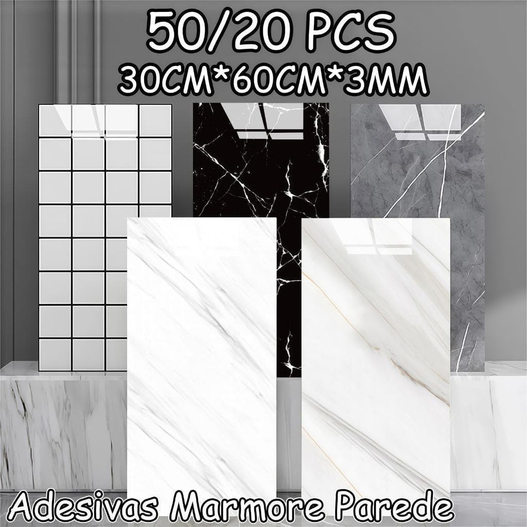 Kit 50/20 Placas Adesiva Mármore 3D Revestimento Autocolante Decoração Quarto Sala Banheiro Impermeável 60CMx30CMx3MM