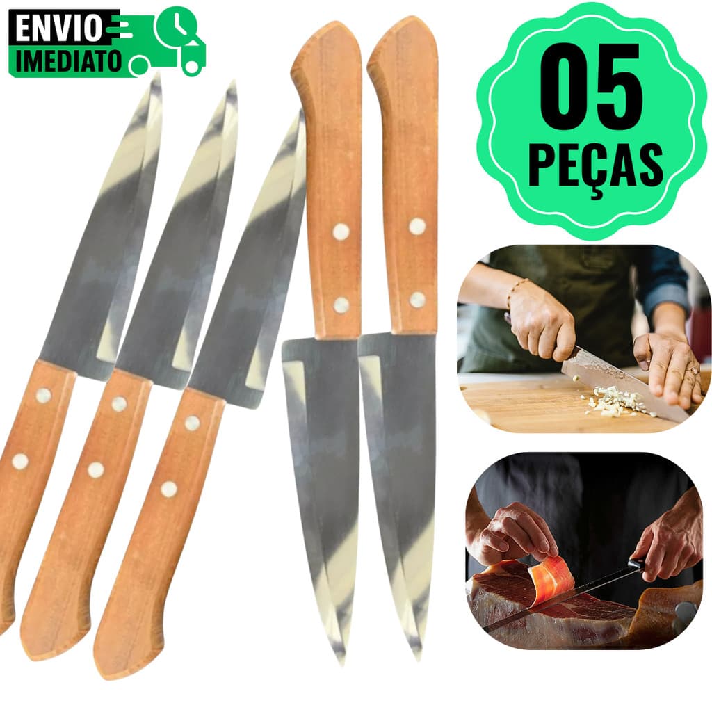 Kit 1, 2, 4 ou 5 Facas Chef 28cm Inox Cabo Madeira – Profissional Cozinha Churrasco Corte Preciso