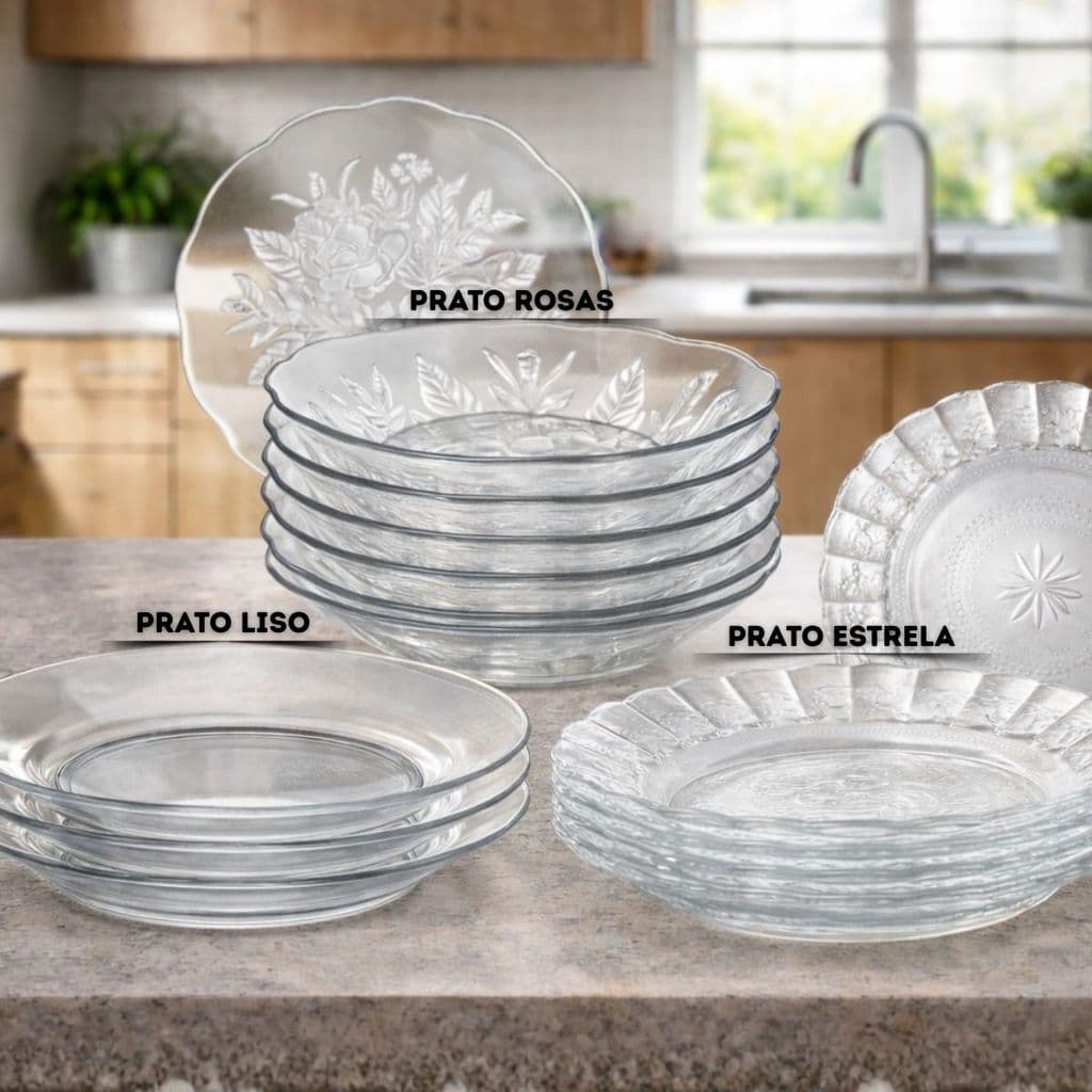 Kit Pratos de Vidro Resistentes 22cm – Egípcio ,Liso e Floral Pratos fundos Modernos